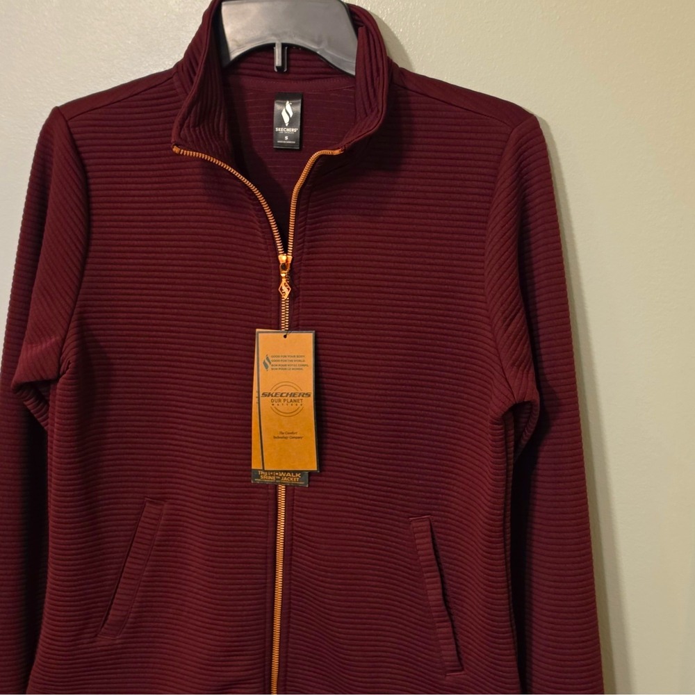 SKECHERS GOwalk Shine Women's Track Jacket S Burgundy Knit Full Zip Pockets #284